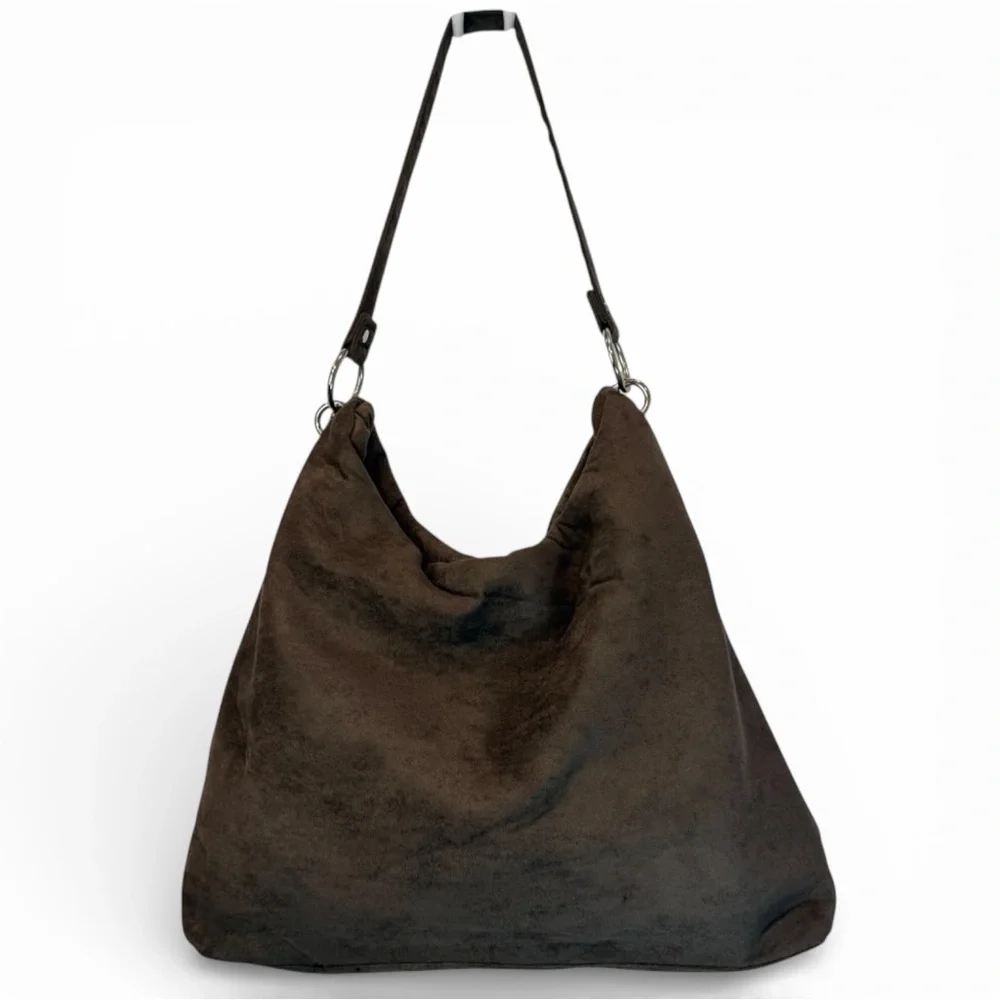 Bella Russo Large Faux Suede Hobo Shoulder Bag Taupe Brown Tassel Charm Boho
